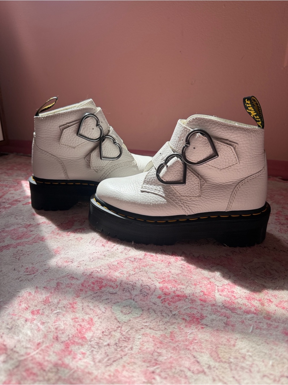 Dr. Martens White Leather Heart-Buckle Platform Ankle Boots, Women’s Size 5